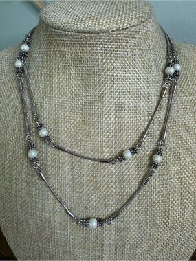 Silver Tone Station Necklace with White Faux Pearl Bead Accents